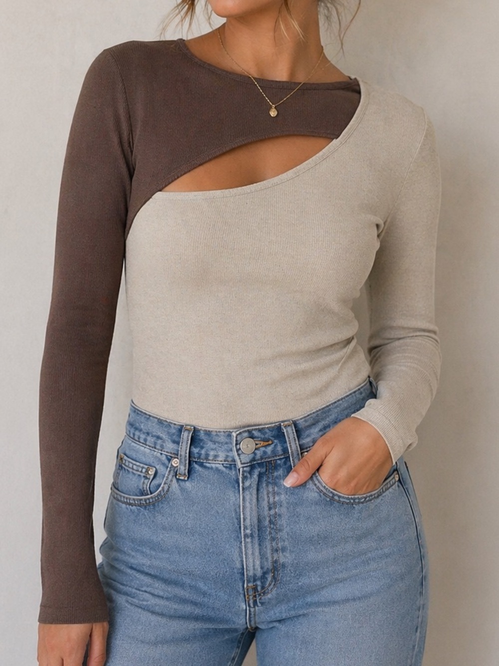 Crescent Brown and Cream Asymmetrical Long Sleeve Top